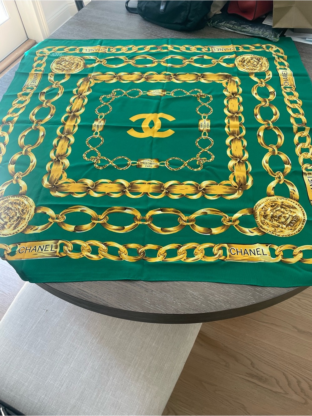 CHANEL Emerald Green Silk Scarf with Gold Chain Motif